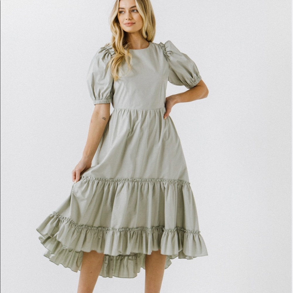 English factory ruffle detail midi dress green m